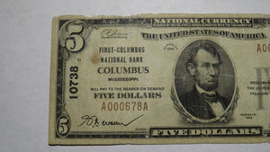 $5 1929 Columbus Mississippi MS National Currency Bank Note Bill Ch. #10738 RARE