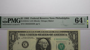 $1 1985 Near Solid Serial Number Federal Reserve Bank Note Bill UNC64 #02222222