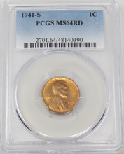 Load image into Gallery viewer, 1941-S  Lincoln Wheat Cent Penny Graded MS64RD by PCGS Red Mint State Coin