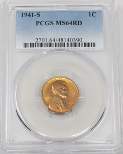 1941-S  Lincoln Wheat Cent Penny Graded MS64RD by PCGS Red Mint State Coin