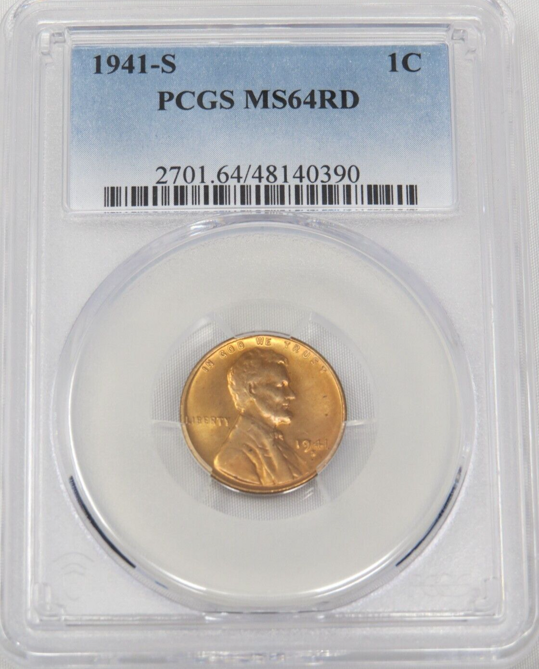 1941-S  Lincoln Wheat Cent Penny Graded MS64RD by PCGS Red Mint State Coin