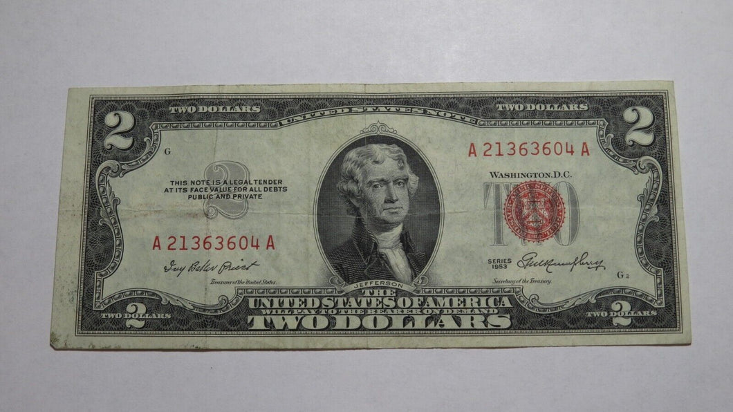 $2 1953 United States Note Red Seal Legal Tender Note Two Dollar Bank Bill Fine+