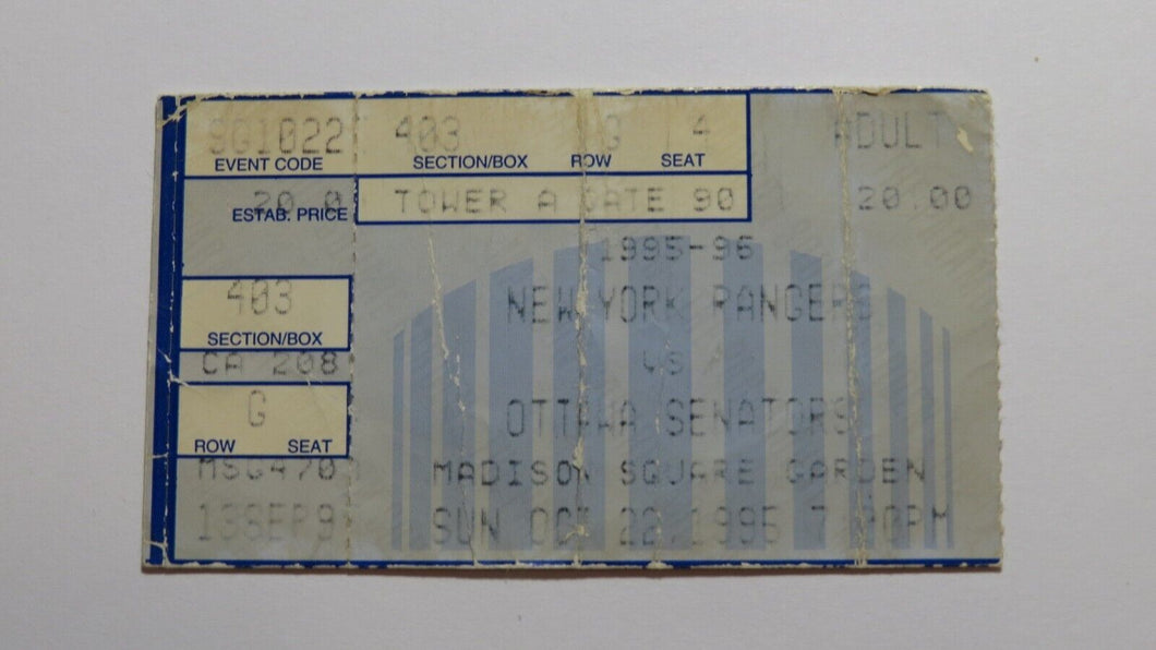 October 22, 1995 New York Rangers Vs. Ottawa Senators NHL Hockey Ticket Stub