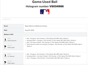 2020 Pablo Lopez Miami Marlins Strikeout Game Used MLB Baseball! Pedro Severino