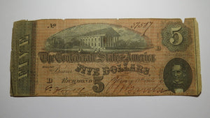 $5 1864 Richmond Virginia VA Confederate Currency Bank Note Bill RARE T69