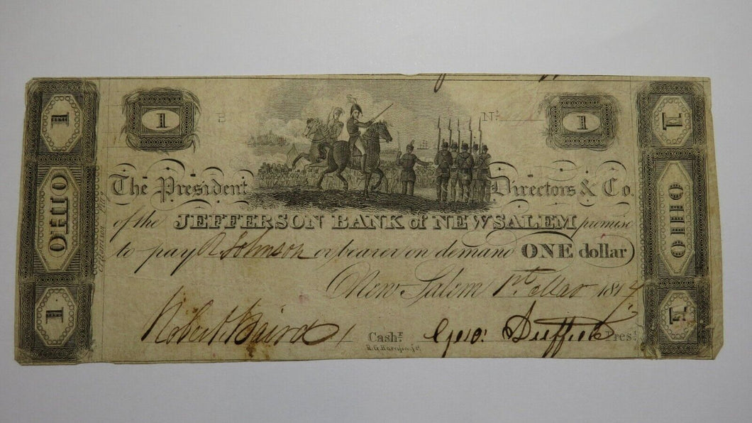 $1 1814 New Salem Ohio OH Obsolete Currency Bank Note Bill Jefferson Bank of NS