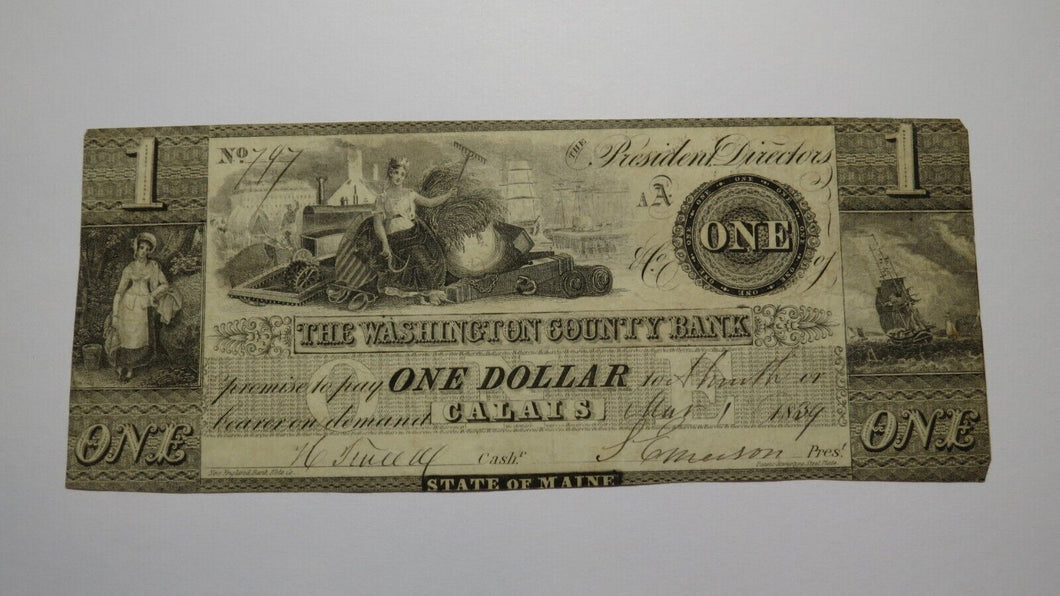 $1 1839 Calais Maine ME Obsolete Currency Bank Note Bill! Washington County Bank