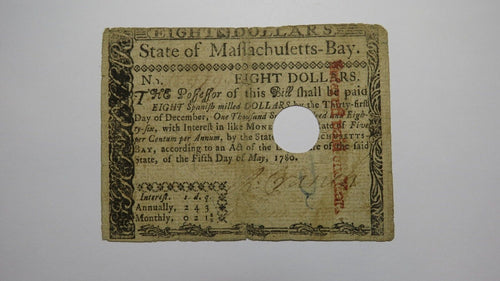 $8 1780 Massachusetts Bay MA Colonial Currency Bank Note Bill May 5, 1780 FINE