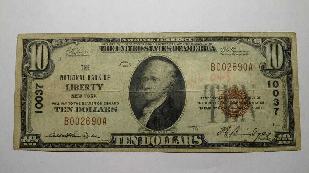 $10 1929 Liberty New York NY National Currency Bank Note Bill Ch. #10037 FINE
