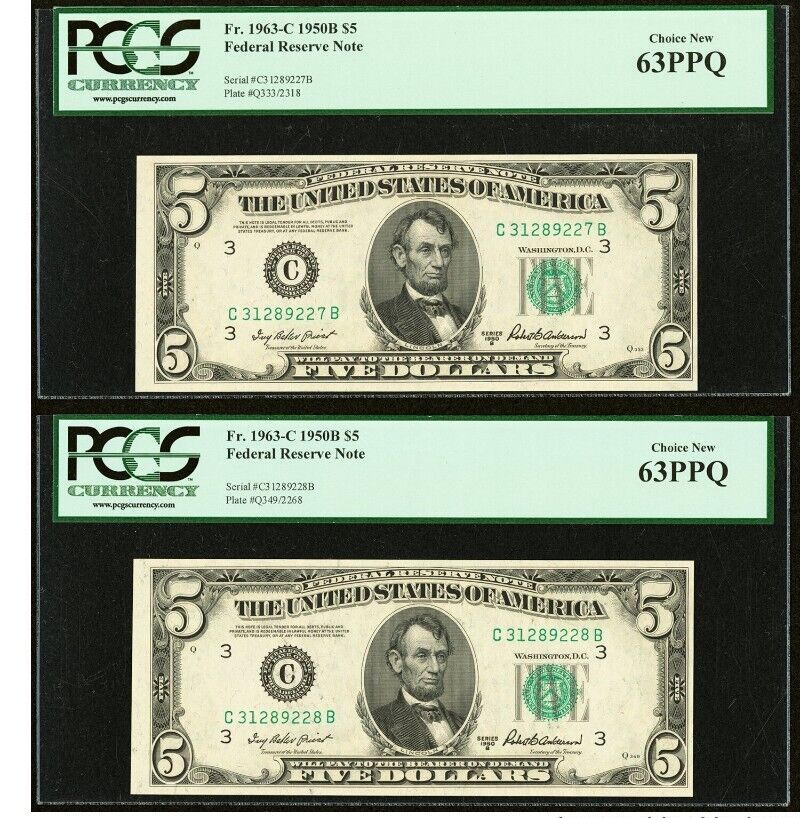2 $5 1950 Consecutive Serial Numbers Federal Reserve Bank Note Bills NEW63 PCGS