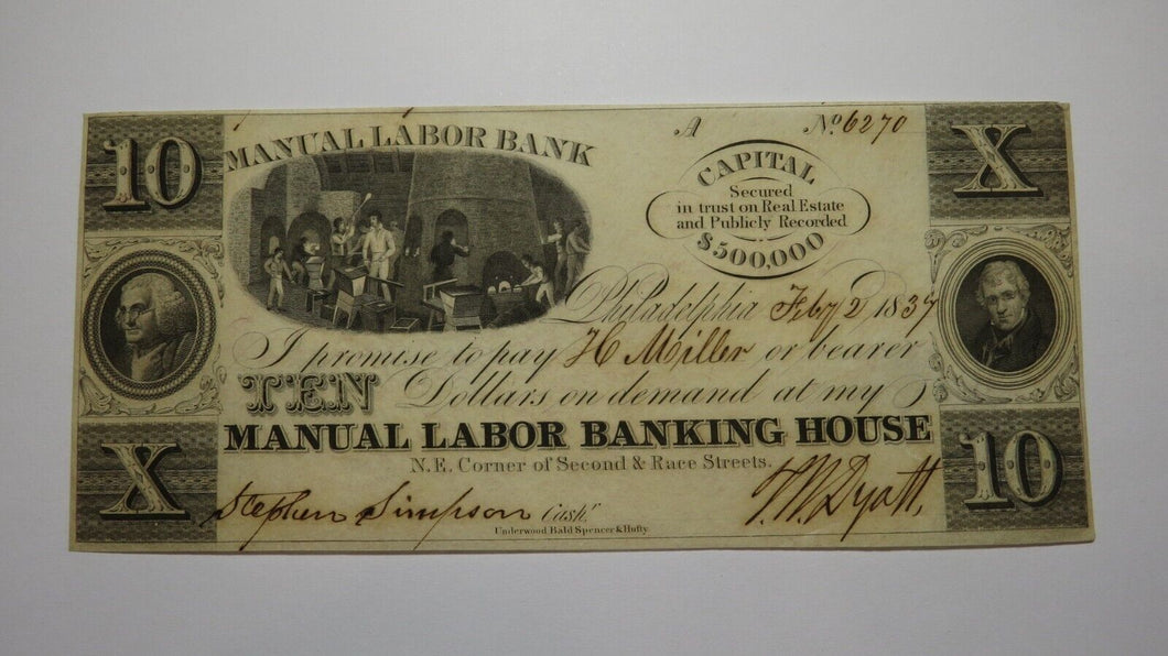 $10 1837 Philadelphia Obsolete Currency Bank Note Bill The Manual Labor Bank UNC