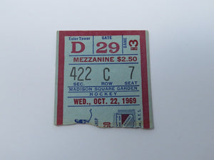 October 22, 1969 New York Rangers Vs. Chicago Blackhawks NHL Hockey Ticket Stub