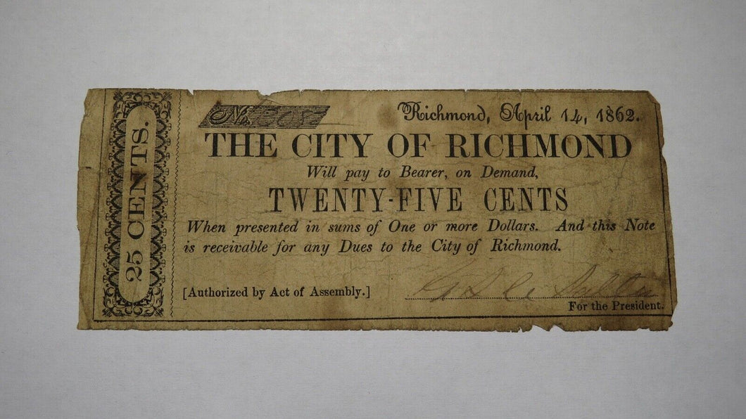 $.25 1862 Richmond Virginia Obsolete Currency Bank Note Bill! State of VA! RARE