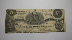 $5 1861 Richmond Virginia VA Confederate Currency Bank Note Bill T36 PF-2 VF++