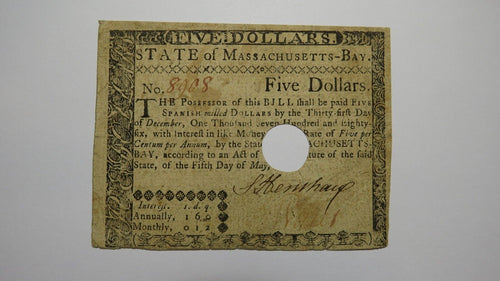 $5 1780 Massachusetts Bay MA Colonial Currency Bank Note Bill May 5, 1780 FINE