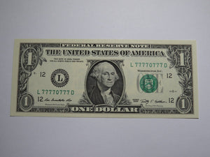 $1 2009 Near Solid Serial Number Federal Reserve Bank Note Bill #77770777 UNC+++