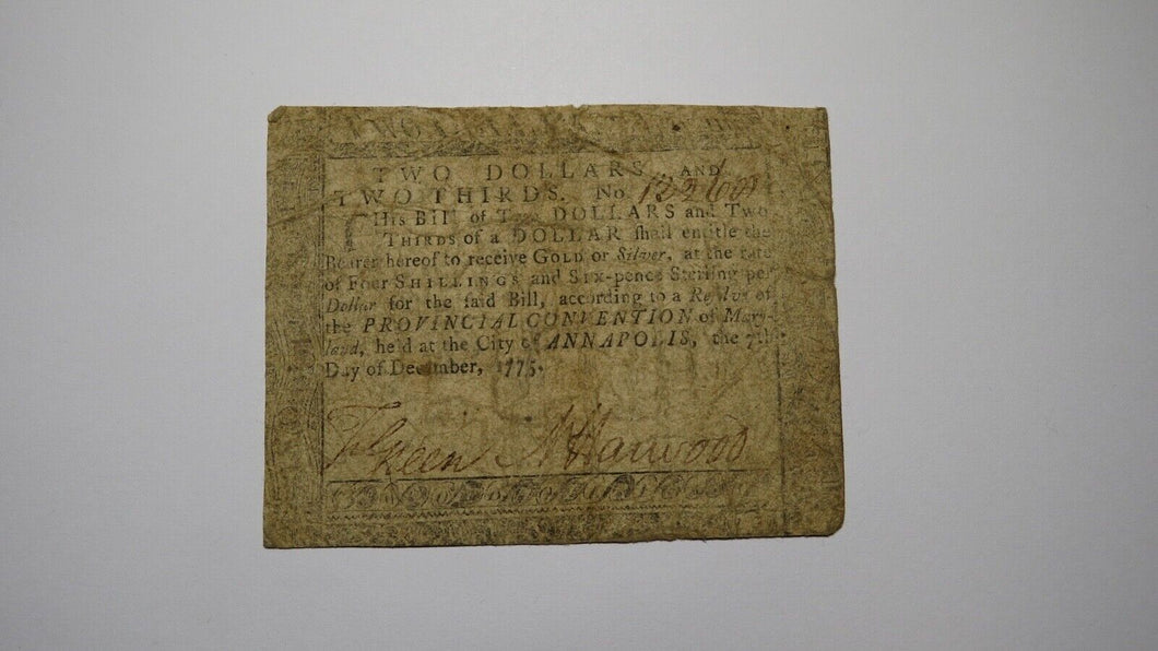 1775 $2 2/3 Annapolis Maryland MD Colonial Currency Bank Note Bill RARE Issue!
