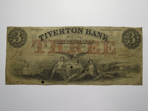 $3 1853 Tiverton Rhode Island RI Obsolete Currency Bank Note Bill! Tiverton Bank