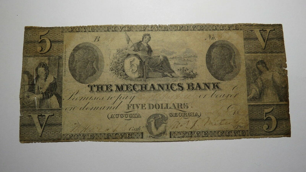 $5 1856 Augusta Georgia GA Obsolete Currency Bank Note Bill! The Mechanics Bank
