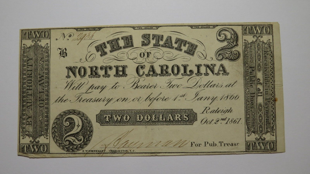 $2 1861 Raleigh North Carolina NC Obsolete Currency Bank Note Bill State of NC!