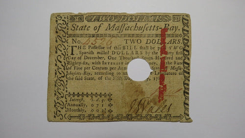 $2 1780 Massachusetts Bay MA Colonial Currency Bank Note Bill May 5, 1780 FINE+