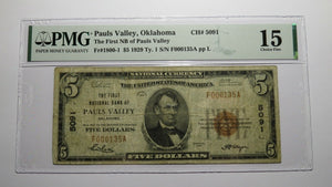 $5 1929 Pauls Valley Oklahoma OK National Currency Bank Note Bill Ch #5091 F15