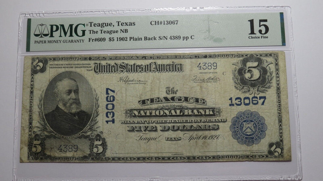 $5 1902 Teague Texas TX National Currency Bank Note Bill Charter #13067 F15 PMG