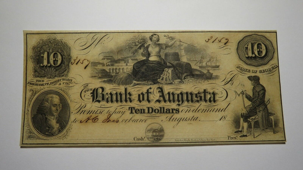 $10 18__ Augusta Georgia GA Obsolete Currency Bank Note Bill Bank of Augusta AU+