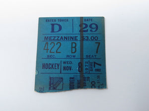 November 8, 1972 New York Rangers Vs. Vancouver Canucks NHL Hockey Ticket Stub