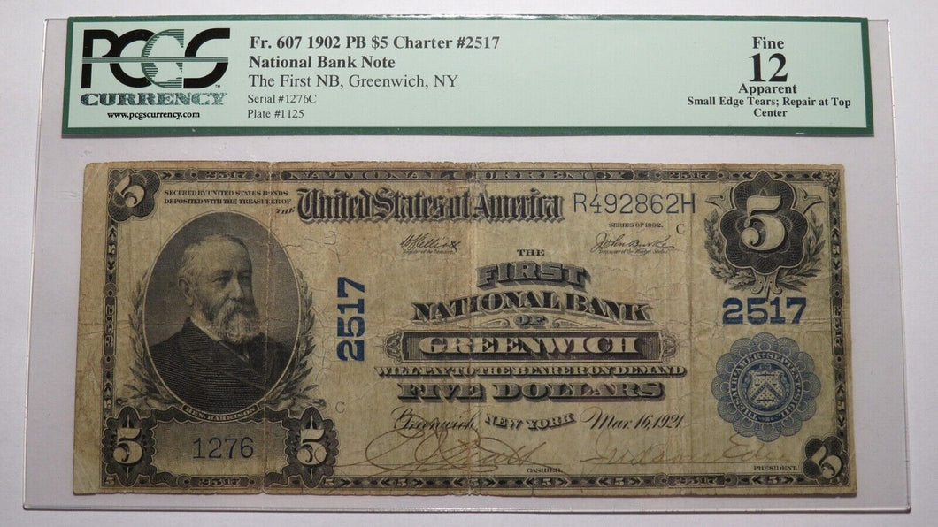 $5 1902 Greenwich New York NY National Currency Bank Note Bill Ch #2517 F12 PCGS
