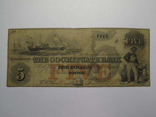 $5 1853 Boston Massachusetts MA Obsolete Currency Bank Note Bill Cochituate Bank