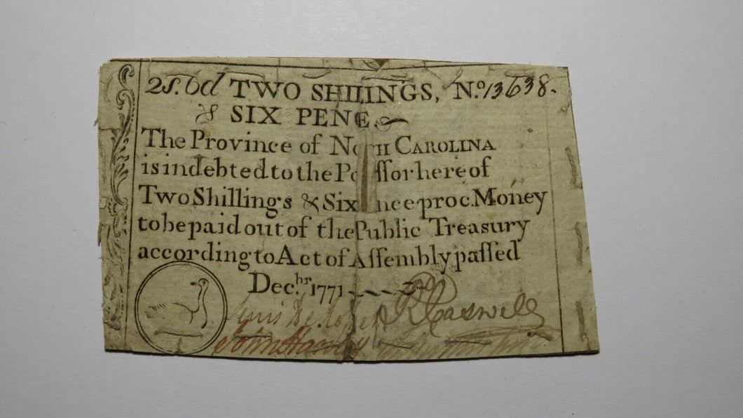 1771 Two Shillings Six Pence North Carolina NC Colonial Currency Note Bill 2s6d