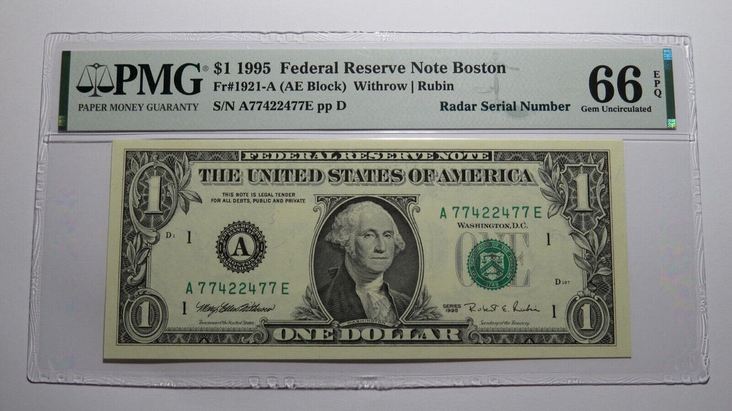 $1 1995 Radar Serial Number Federal Reserve Currency Bank Note Bill PMG UNC66EPQ