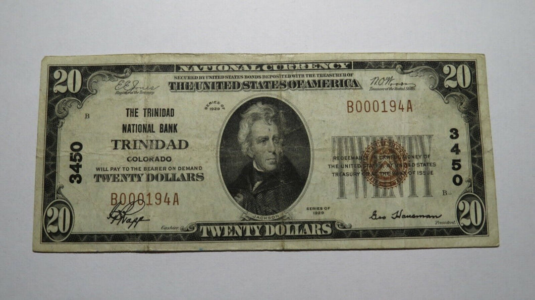 $20 1929 Trinidad Colorado CO National Currency Bank Note Bill Ch. #3450 FINE!