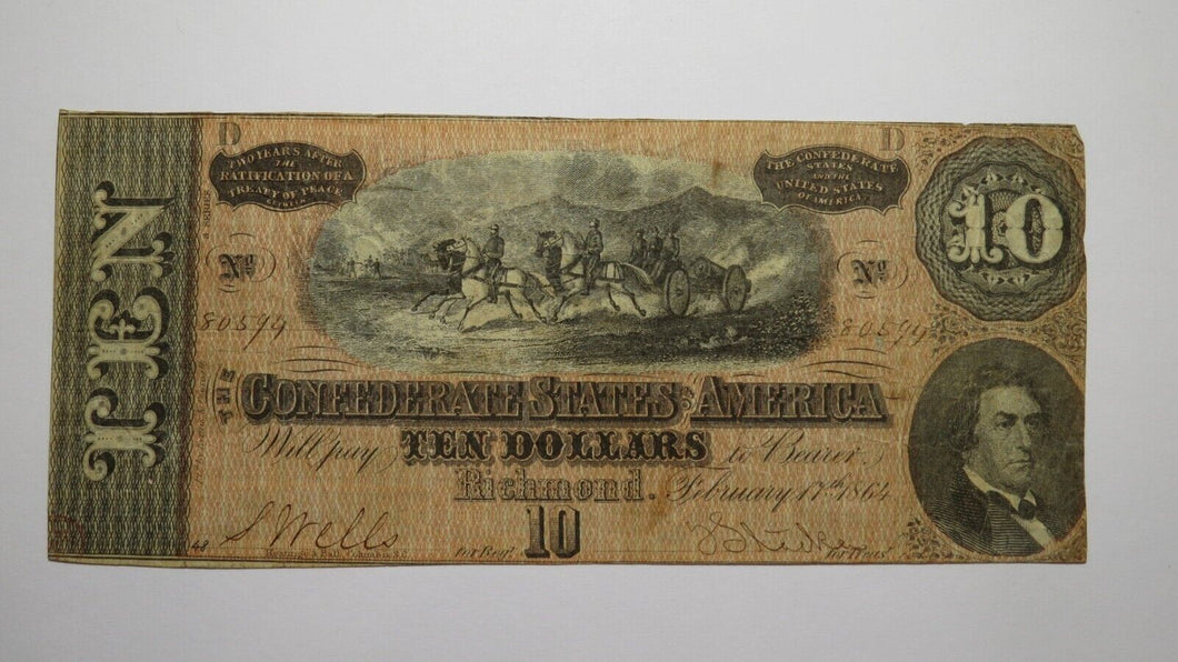 $10 1864 Richmond Virginia VA Confederate Currency Bank Note Bill T68 Fine++