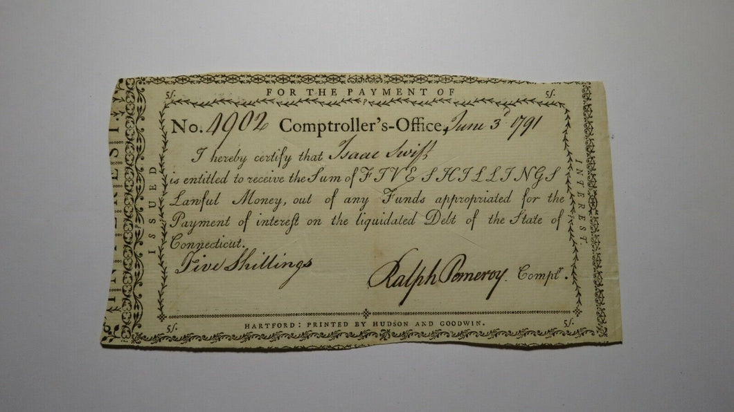 1791 5 Shillings Connecticut Comptroller's Office Colonial Currency Note Pomeroy