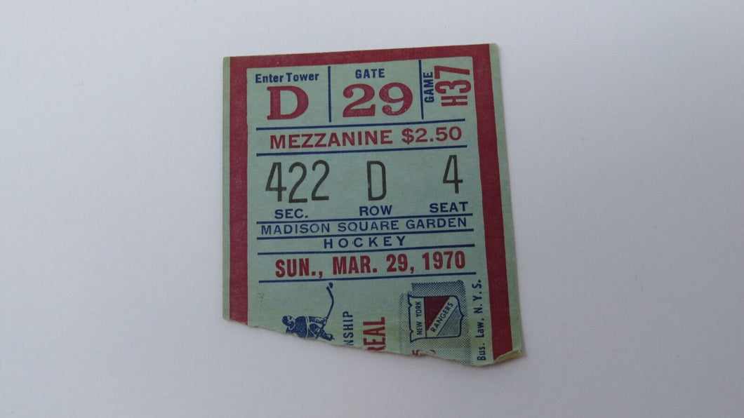 March 29, 1970 New York Rangers Vs. Montreal Canadiens NHL Hockey Ticket Stub