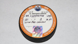 2019-20 Adam Gaudette Vancouver Canucks Game Used Goal Scored Puck -Eriksson Ast