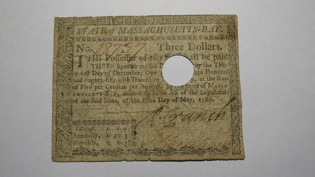 $3 1780 Massachusetts Bay MA Colonial Currency Note Bill Three Dollars RARE!