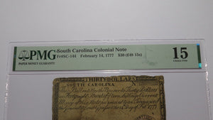 $30 1777 South Carolina SC Colonial Currency Bank Note Bill Choice Fine 15 PMG