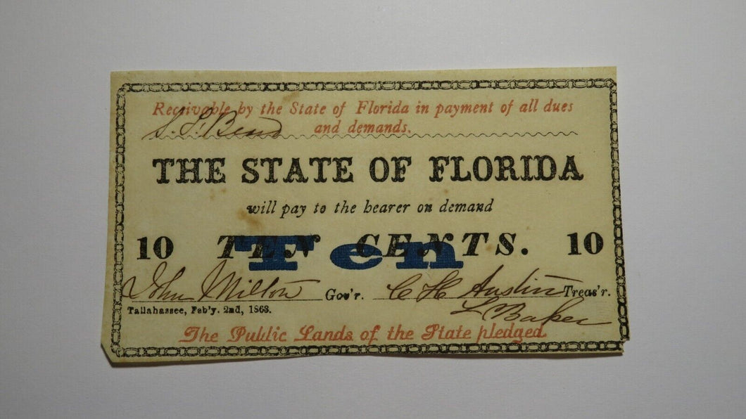 $.10 1863 Tallahassee Florida Obsolete Currency Bank Note Bill State of FL XF++