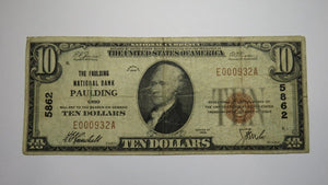 $10 1929 Paulding Ohio OH National Currency Bank Note Bill Charter #5862 RARE