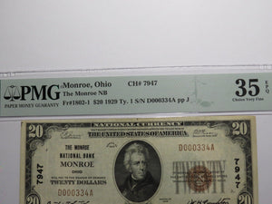 $20 1929 Monroe Ohio OH National Currency Bank Note Bill Charter #7947 VF35 PMG