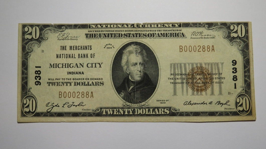 $20 1929 Michigan City Indiana IN National Currency Bank Note Bill Ch. #9381 VF