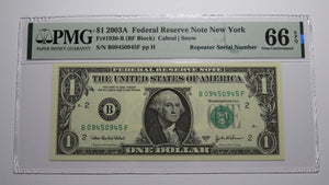 $1 2003 Repeater Serial Number Federal Reserve Currency Bank Note Bill PMG UNC66