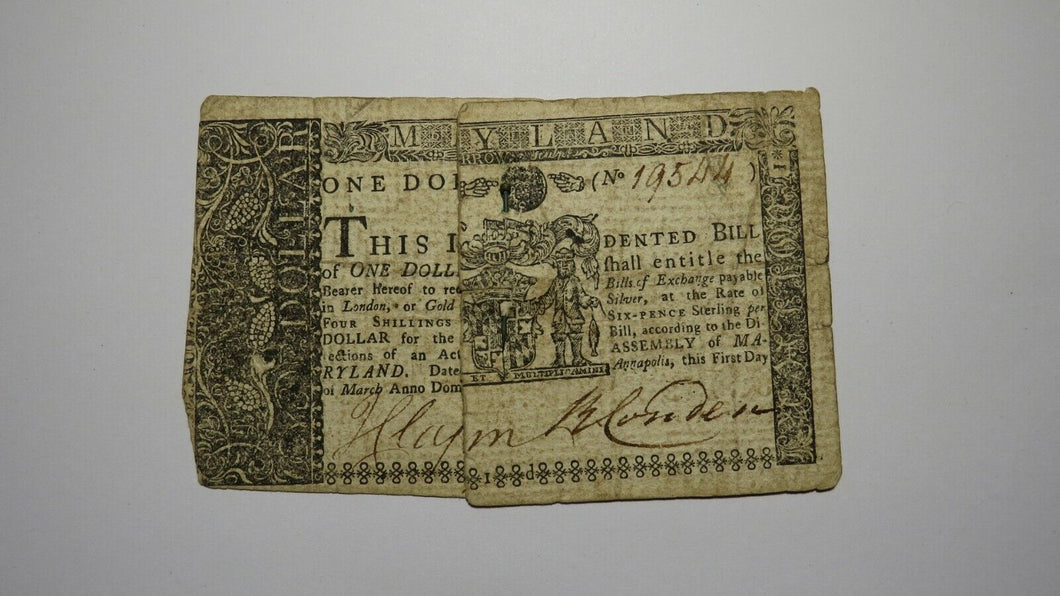 1770 $1 Annapolis Maryland MD Colonial Currency Note Bill Revolutionary War RARE