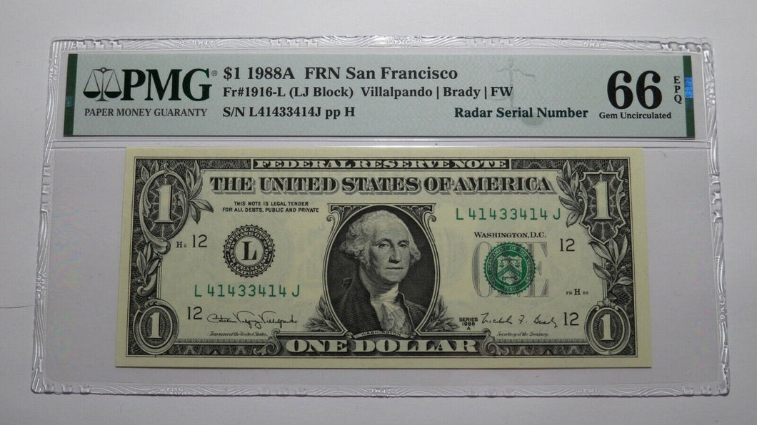$1 1988 Radar Serial Number Federal Reserve Currency Bank Note Bill PMG UNC66EPQ
