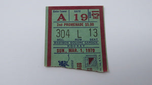 March 1, 1970 New York Rangers Vs. Chicago Blackhawks NHL Hockey Ticket Stub