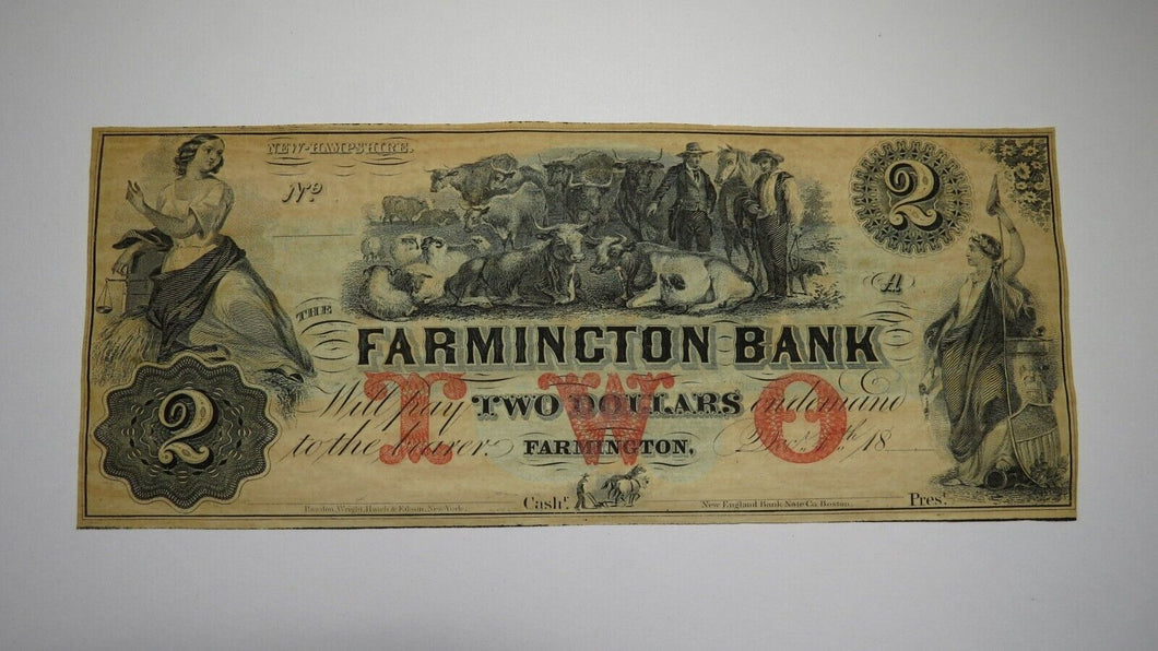 $2 18__ Farmington New Hampshire Obsolete Currency Bank Note Remainder Bill UNC+