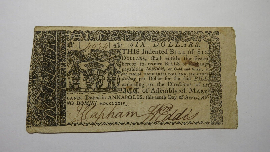 1774 $6 Annapolis Maryland MD Colonial Currency Note Bill Revolutionary War VF